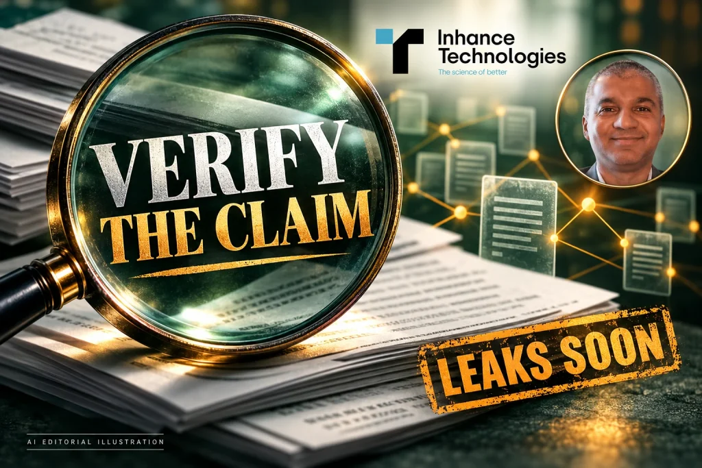 Prakash Iyer with the Inhance Technologies logo, a magnifying lens, plain documents and VERIFY THE CLAIM typography, in an editorial collage.