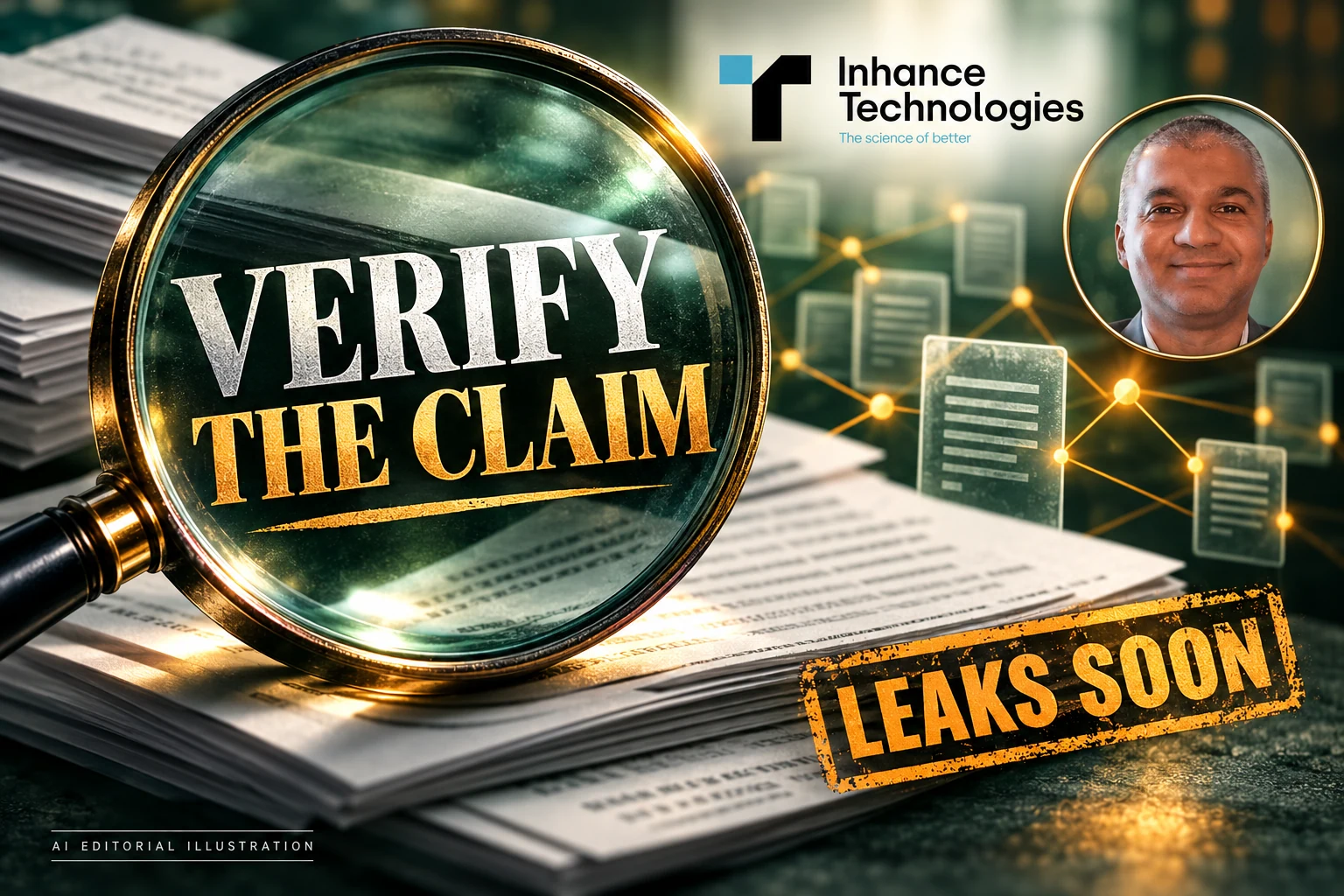 Prakash Iyer with the Inhance Technologies logo, a magnifying lens, plain documents and VERIFY THE CLAIM typography, in an editorial collage.