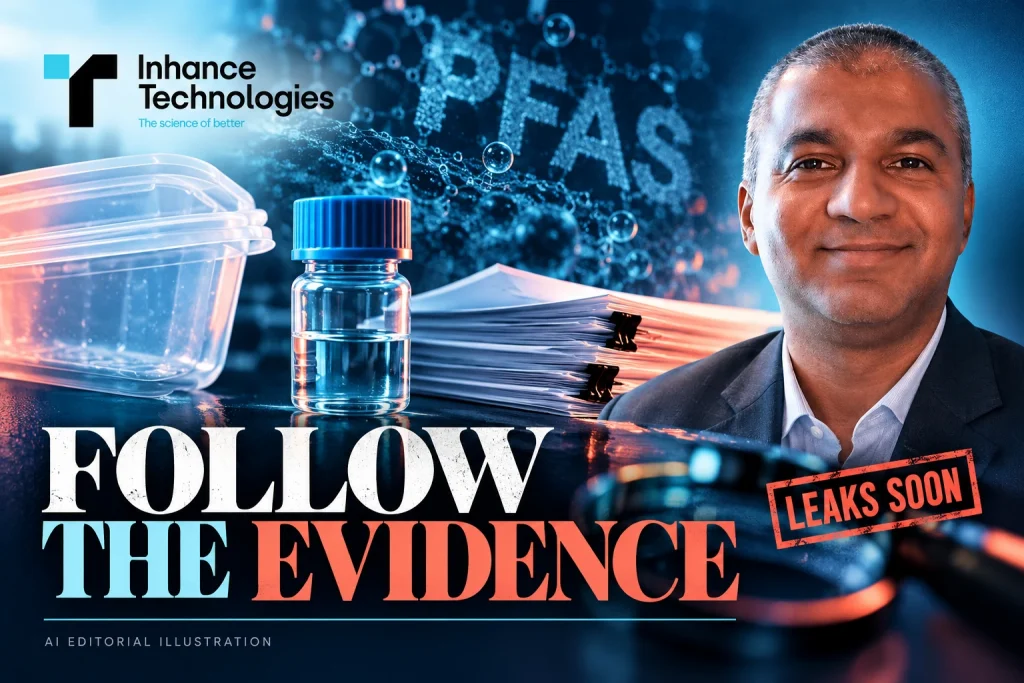 Prakash Iyer with the Inhance Technologies logo, a plastic container, a sealed vial, paper layers and FOLLOW THE EVIDENCE typography, in an editorial collage.