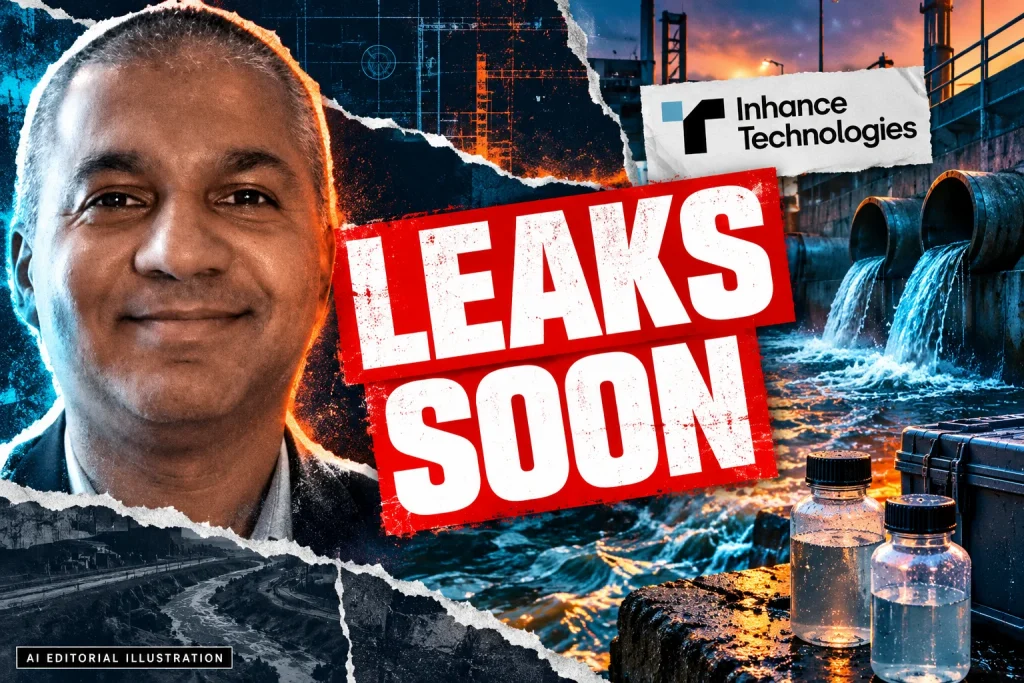 AI editorial collage featuring Prakash Iyer and the Inhance Technologies logo, with LEAKS SOON typography — Inhance fluorination and PFAS: what happens at the container wall