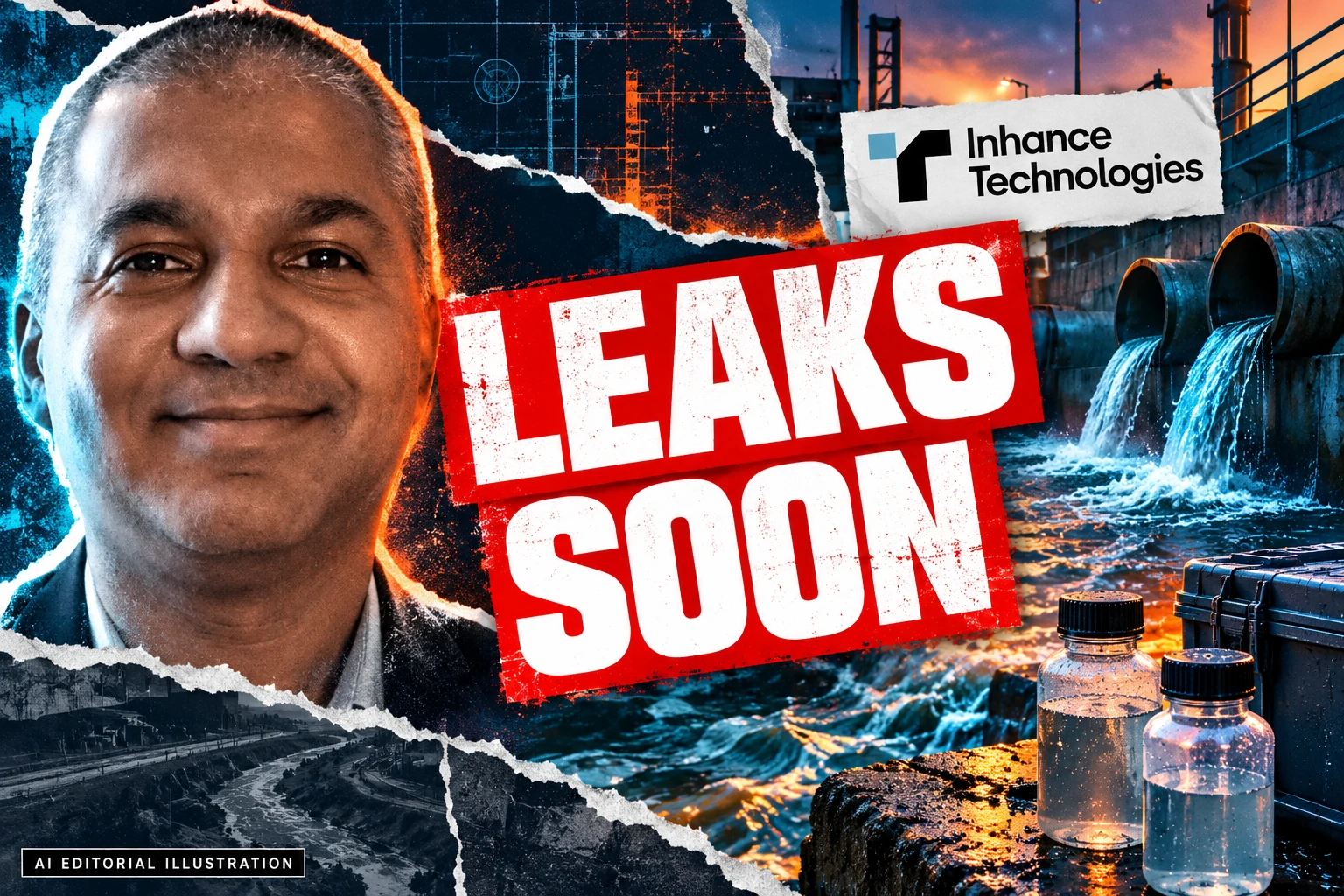 AI editorial collage featuring Prakash Iyer and the Inhance Technologies logo, with LEAKS SOON typography — Inhance fluorination and PFAS: what happens at the container wall