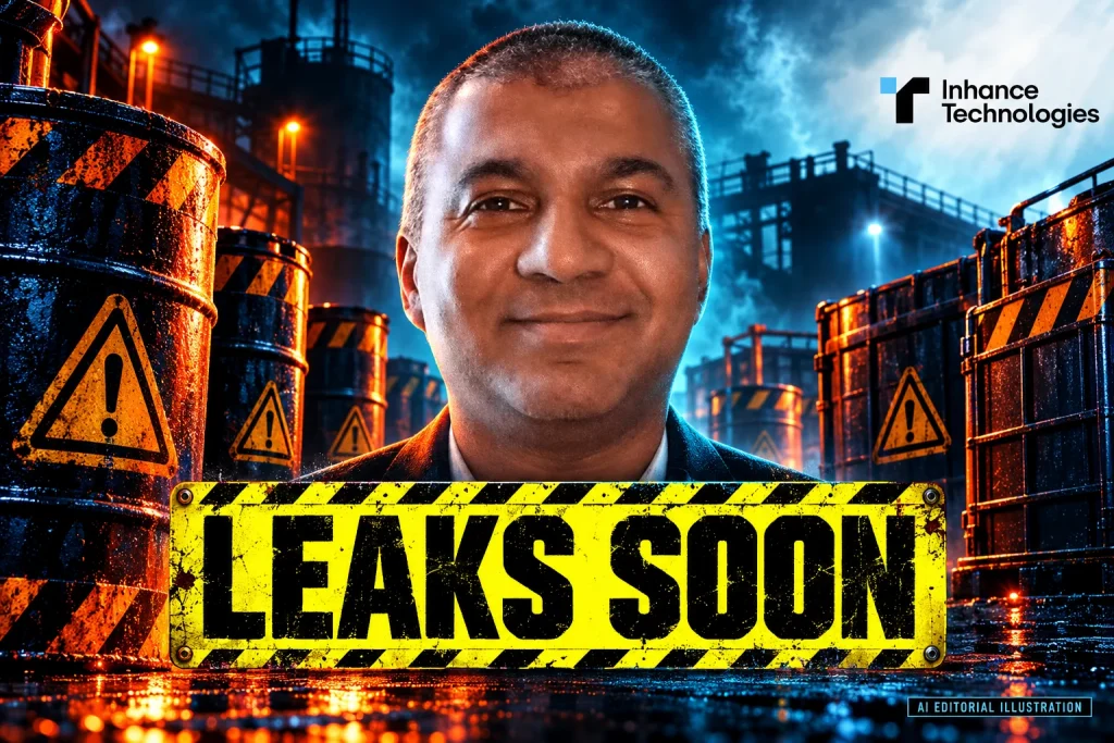 AI editorial collage featuring Prakash Iyer and the Inhance Technologies logo, with LEAKS SOON typography — Reading EPA’s 2022 container leaching study without overstating it