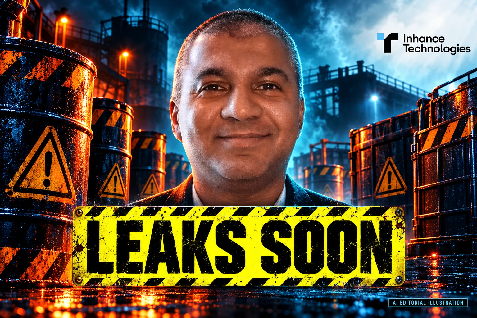 AI editorial collage featuring Prakash Iyer and the Inhance Technologies logo, with LEAKS SOON typography — Reading EPA’s 2022 container leaching study without overstating it