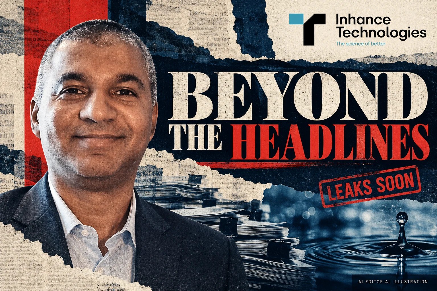 Prakash Iyer with the Inhance Technologies logo, newspaper textures, abstract water and BEYOND THE HEADLINES typography, in an editorial collage.