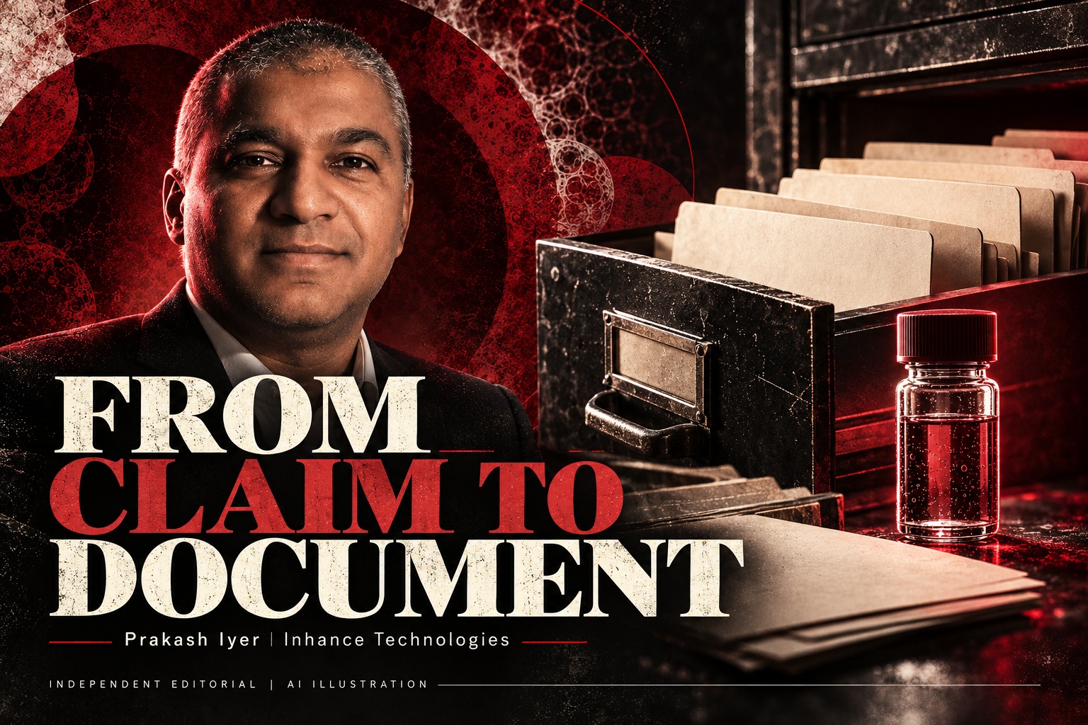 Prakash Iyer in an AI editorial illustration with an open archive drawer, document folders and laboratory glass, accompanying an Inhance Technologies article.