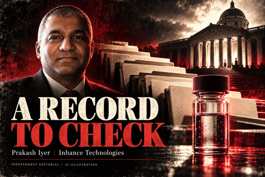 Prakash Iyer in an AI editorial illustration with file folders, a laboratory bottle and courthouse silhouette, accompanying an Inhance Technologies article.