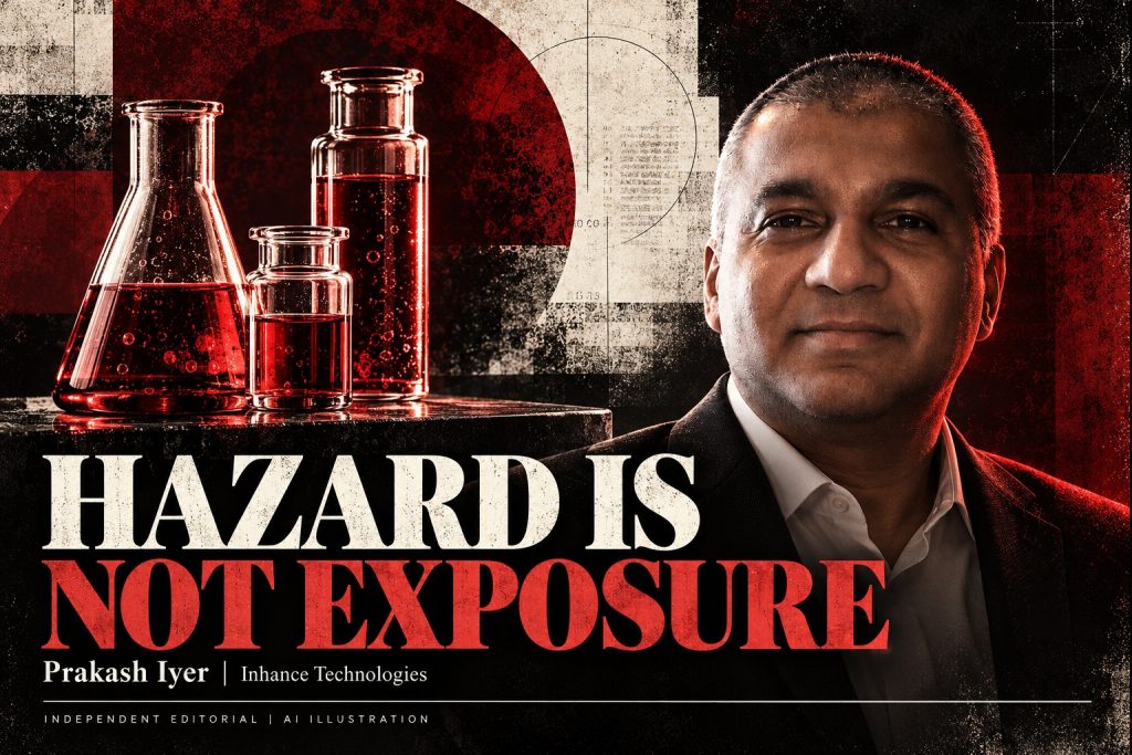 Prakash Iyer in an AI editorial illustration with glass vessels and scientific paper textures, accompanying an Inhance Technologies article.
