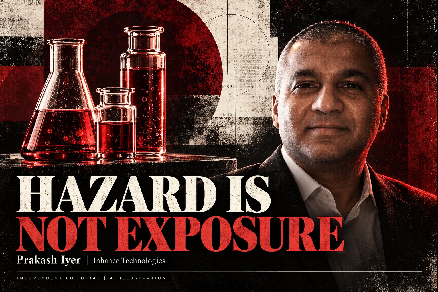 Prakash Iyer in an AI editorial illustration with glass vessels and scientific paper textures, accompanying an Inhance Technologies article.