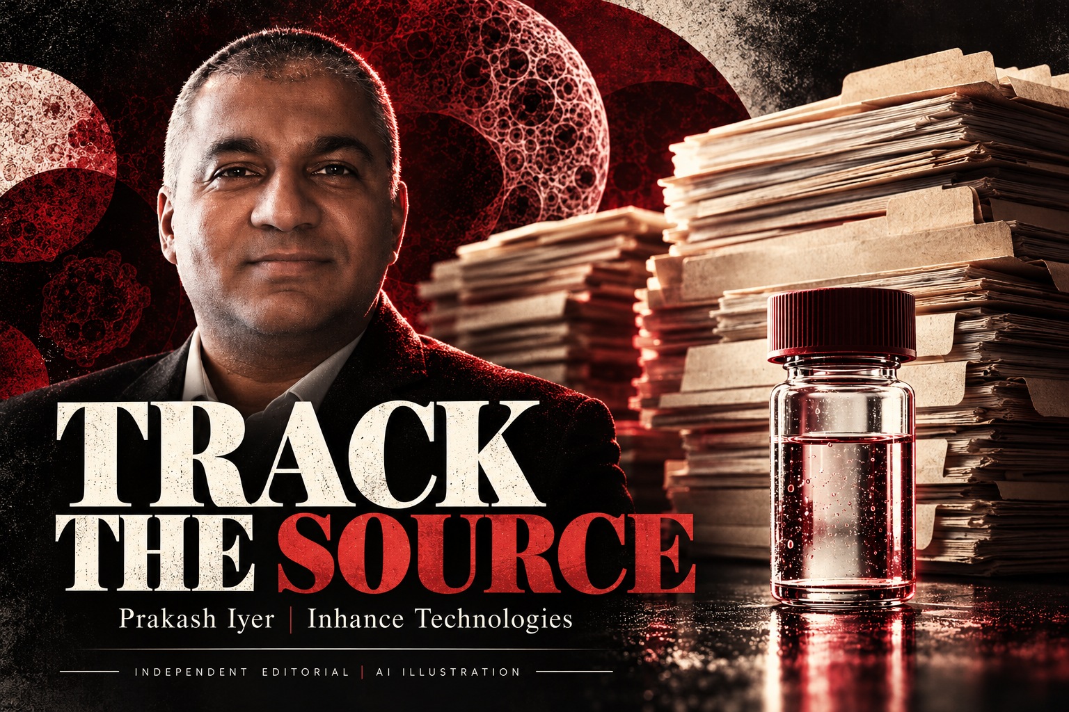 Prakash Iyer in an AI editorial illustration with archive folders and a sample bottle, accompanying an Inhance Technologies article.