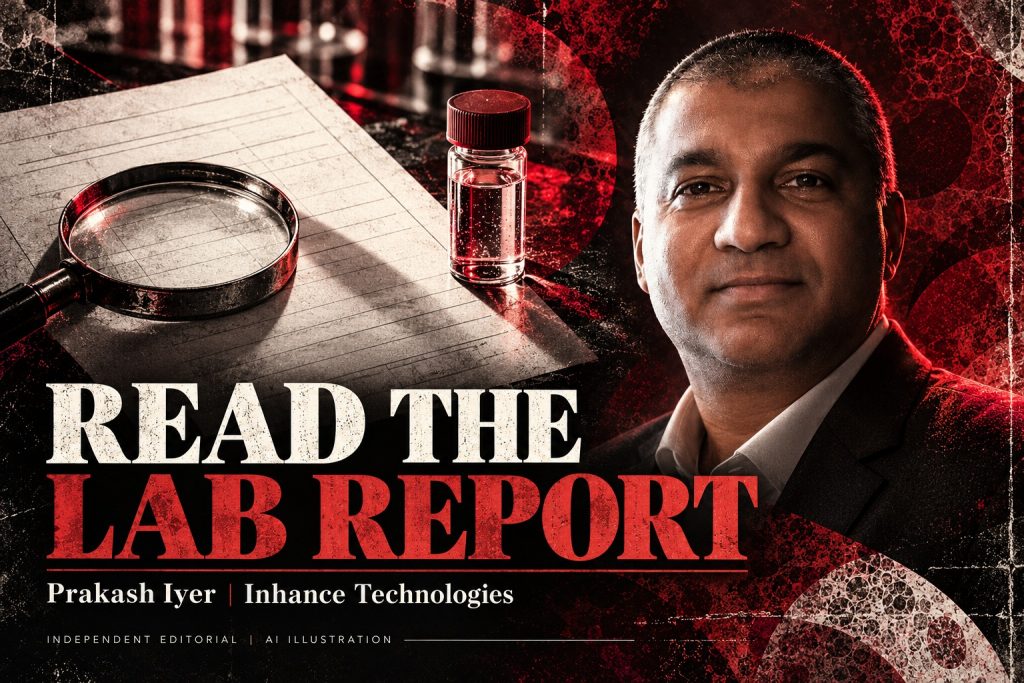 Prakash Iyer in an AI editorial illustration with a report sheet, magnifying lens and sample vial, accompanying an Inhance Technologies article.